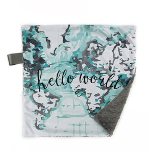 Aqua “Hello World” Map Minky Blanket - Small Lovey Size