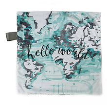 Load image into Gallery viewer, Aqua “Hello World” Map Minky Blanket - Small Lovey Size